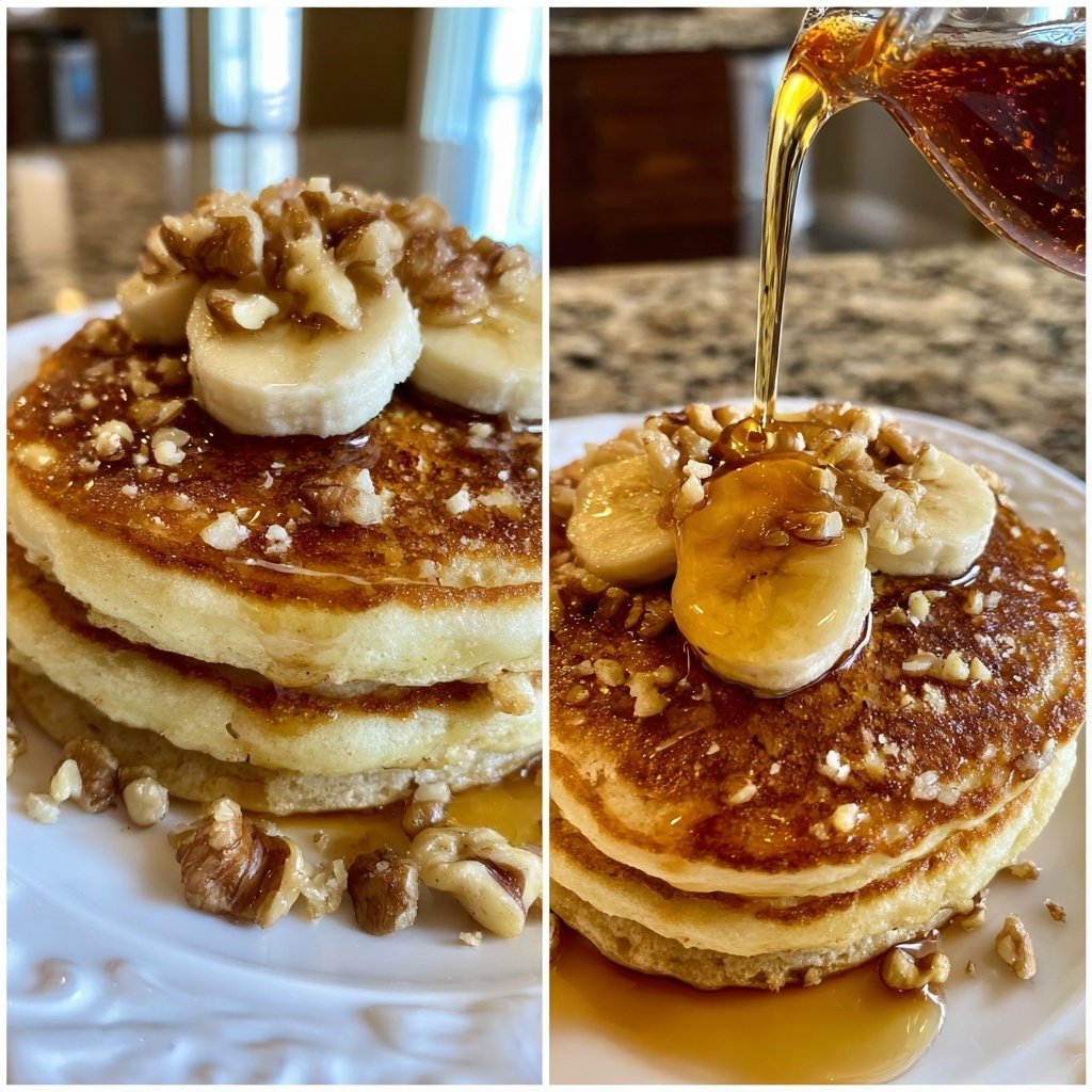Banana Walnut Pancakes with Syrup